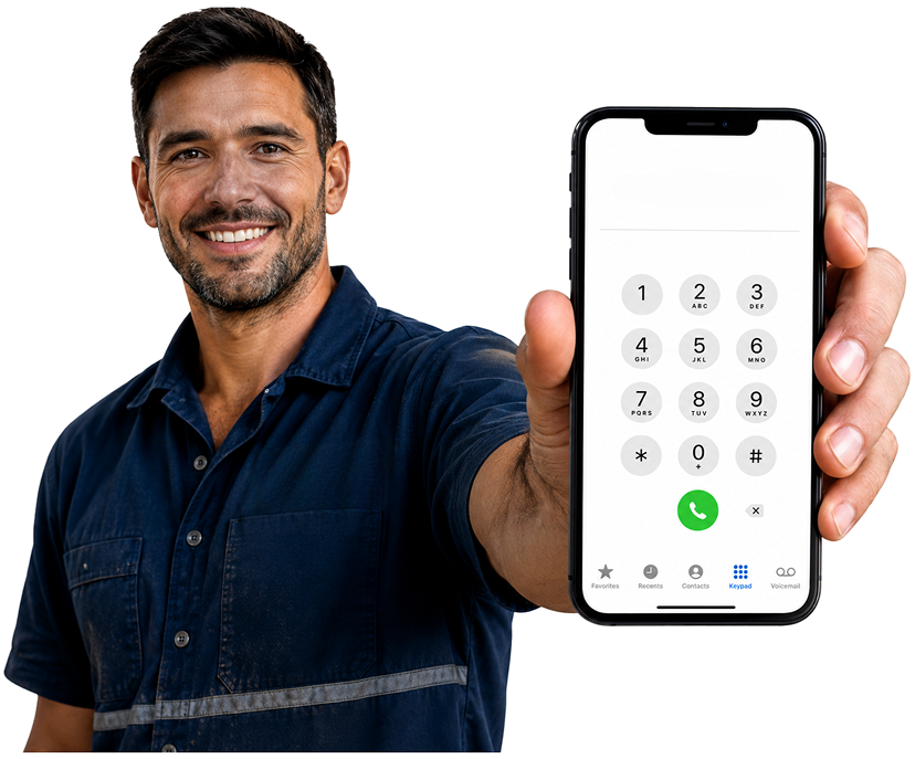 Clontarf Blocked Drains plumber holding a phone — call 1300 261 965