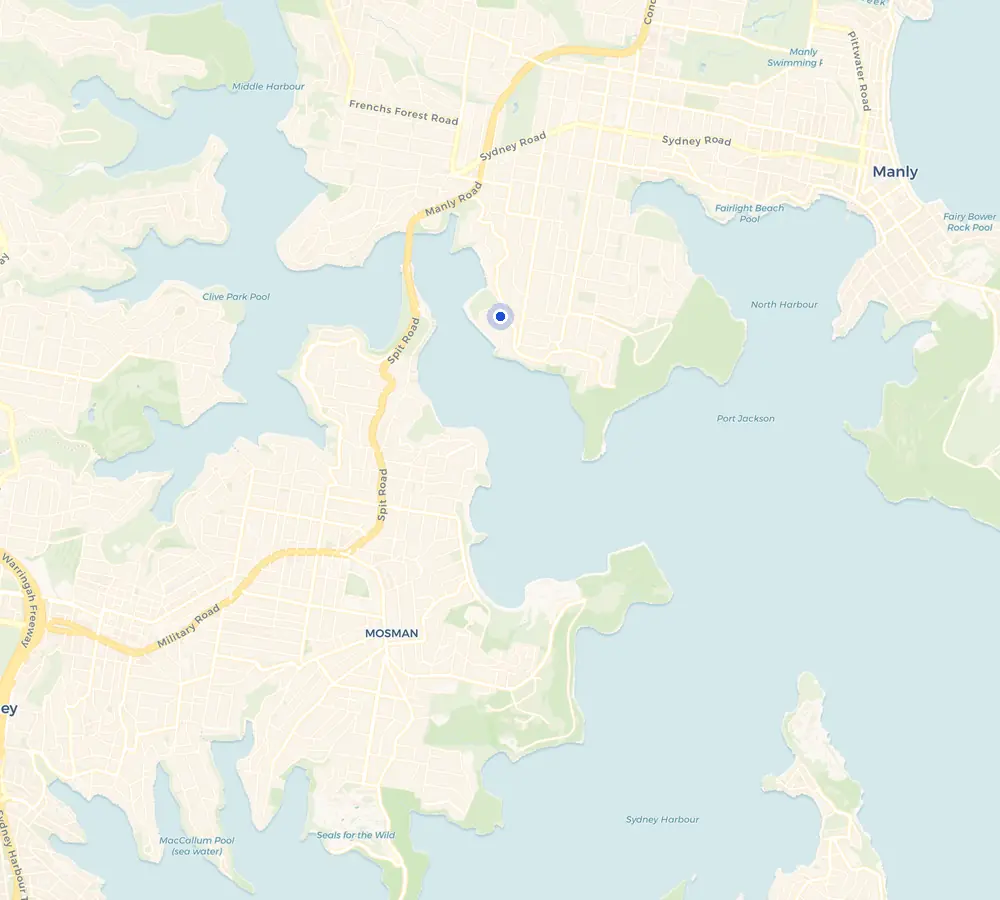 Map of the Clontarf service area and the surrounding Northern Beaches, showing Clontarf and the nearby streets we cover.