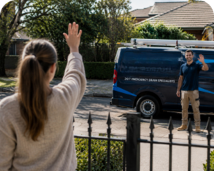 Customer waving goodbye to a Clontarf Blocked Drains plumber