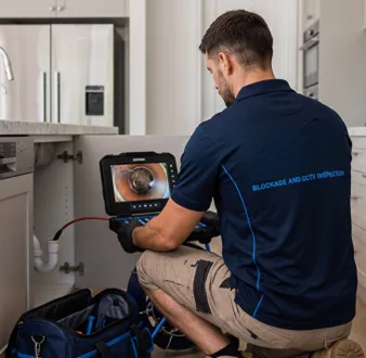 Plumber clearing a blocked toilet in a Clontarf bathroom